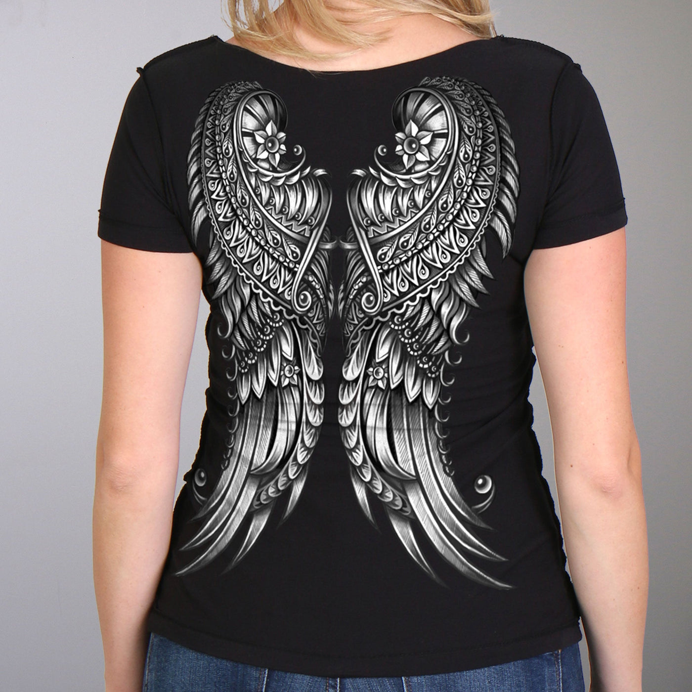 Hot Leathers Cut-Out Ornate Angel Wings Ladies Short Sleeve Shirt