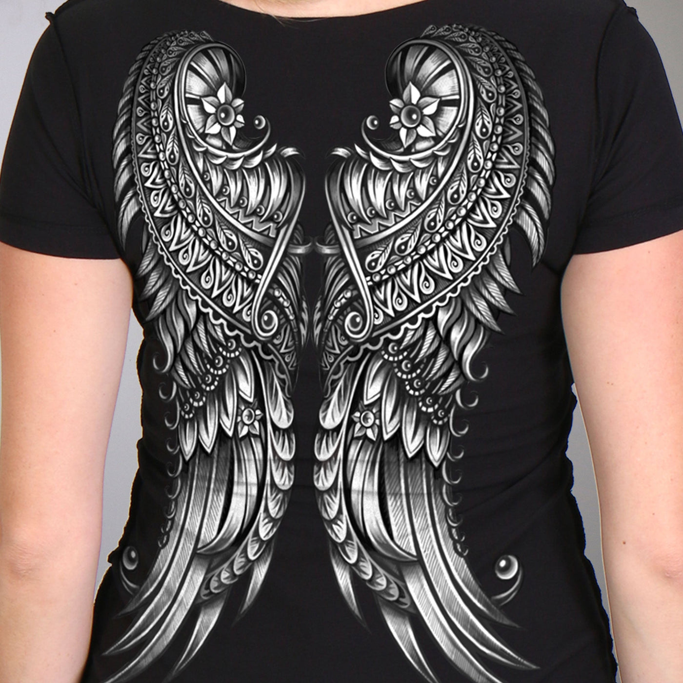 Hot Leathers Cut-Out Ornate Angel Wings Ladies Short Sleeve Shirt