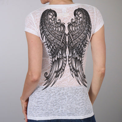 Hot Leathers Ornate Angel Wings Ladies Short Sleeve V-Neck Shirt