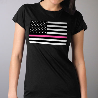 Hot Leathers Women's Full Cut Thin Pink Line American Flag T-Shirt
