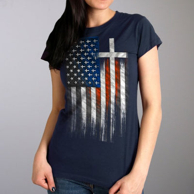 Hot Leathers GLR1520 American Flag Crosses Ladies Black T-Shirt