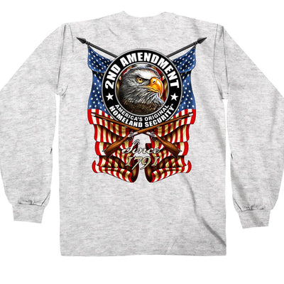 Hot Leathers Men's 2nd Amendment Down Flags Eagle Long Sleeve Shirt, Ash Gray - American Legend Rider