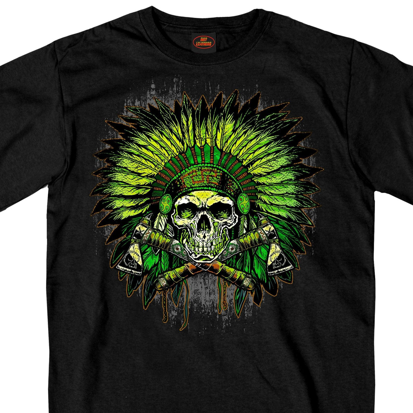 Hot Leathers Men's Green Indian Headdress Skull T-Shirt, Black - American Legend Rider