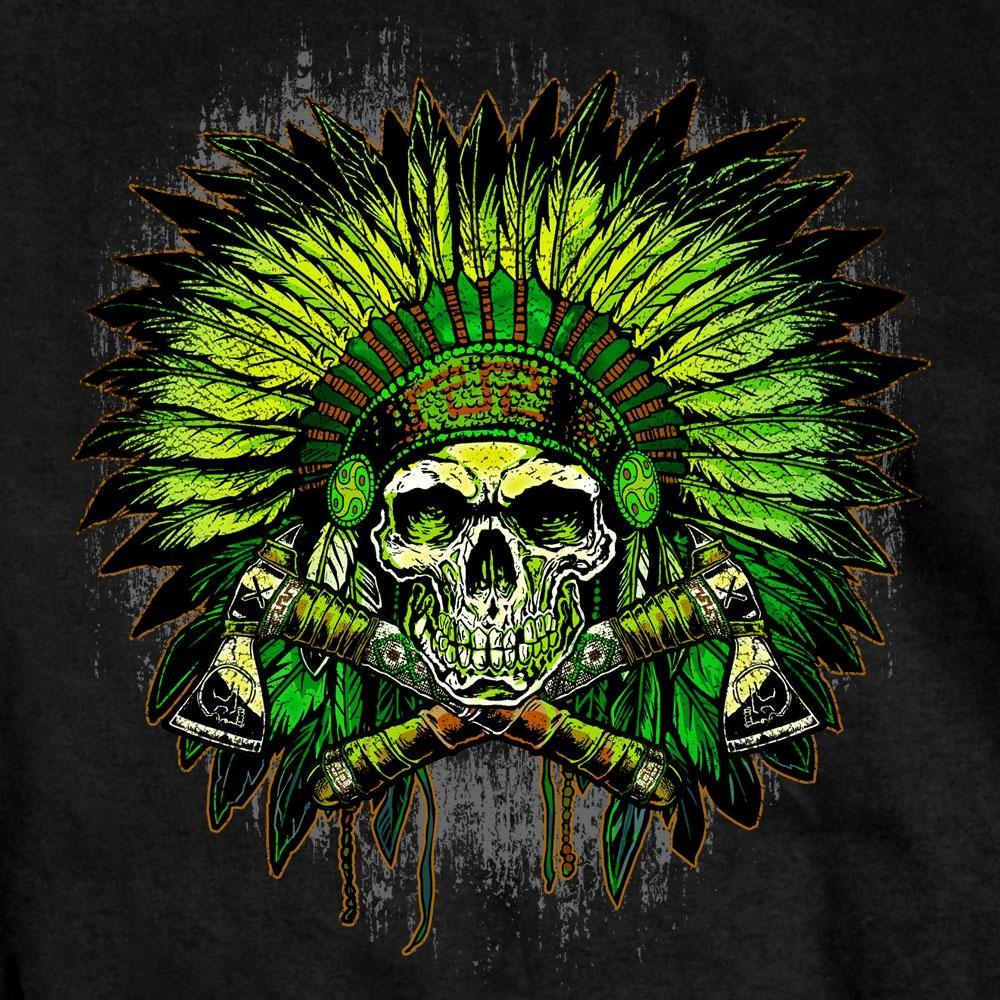 Hot Leathers Men's Green Indian Headdress Skull T-Shirt, Black - American Legend Rider