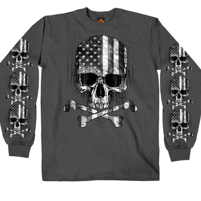Hot Leathers Men's Long Sleeve Flag Skull Shirt, Charcoal - American Legend Rider