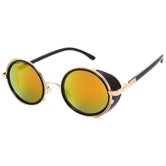 A pair of Motorcycle Vintage Round Sunglasses w/ UV 400 Protection, Golden/Red with orange mirrored lenses.