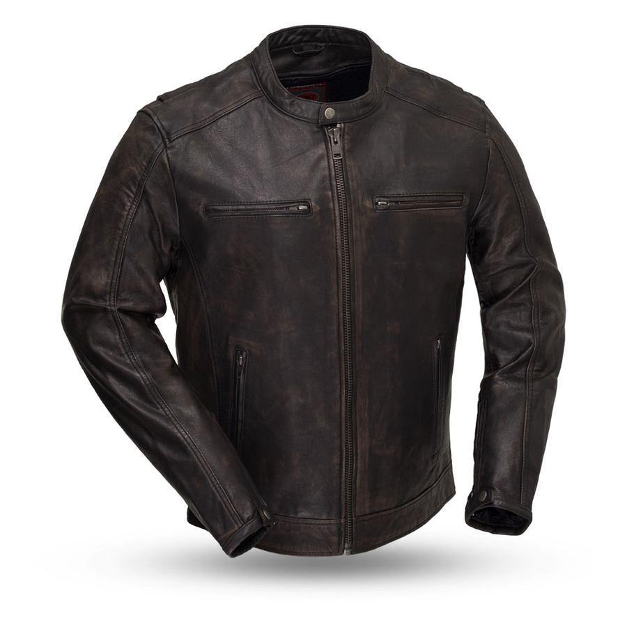 First Manufacturing Men's Hipster Motorcycle Leather Jacket, S-2XL, Distressed Black - American Legend Rider