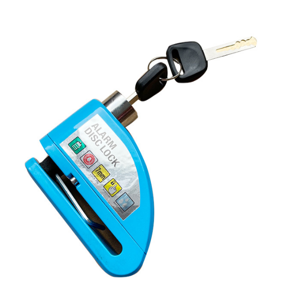 A blue Motorcycle Alarm Disc Lock key holder with a key attached to it.