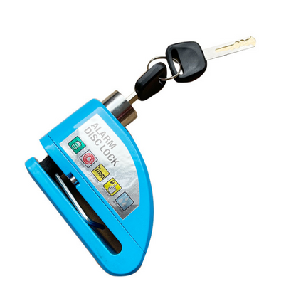 A blue Motorcycle Alarm Disc Lock key holder with a key attached to it.
