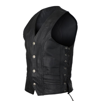 Vance Buffalo Nickel Leather Vest with Braid and Side Laces