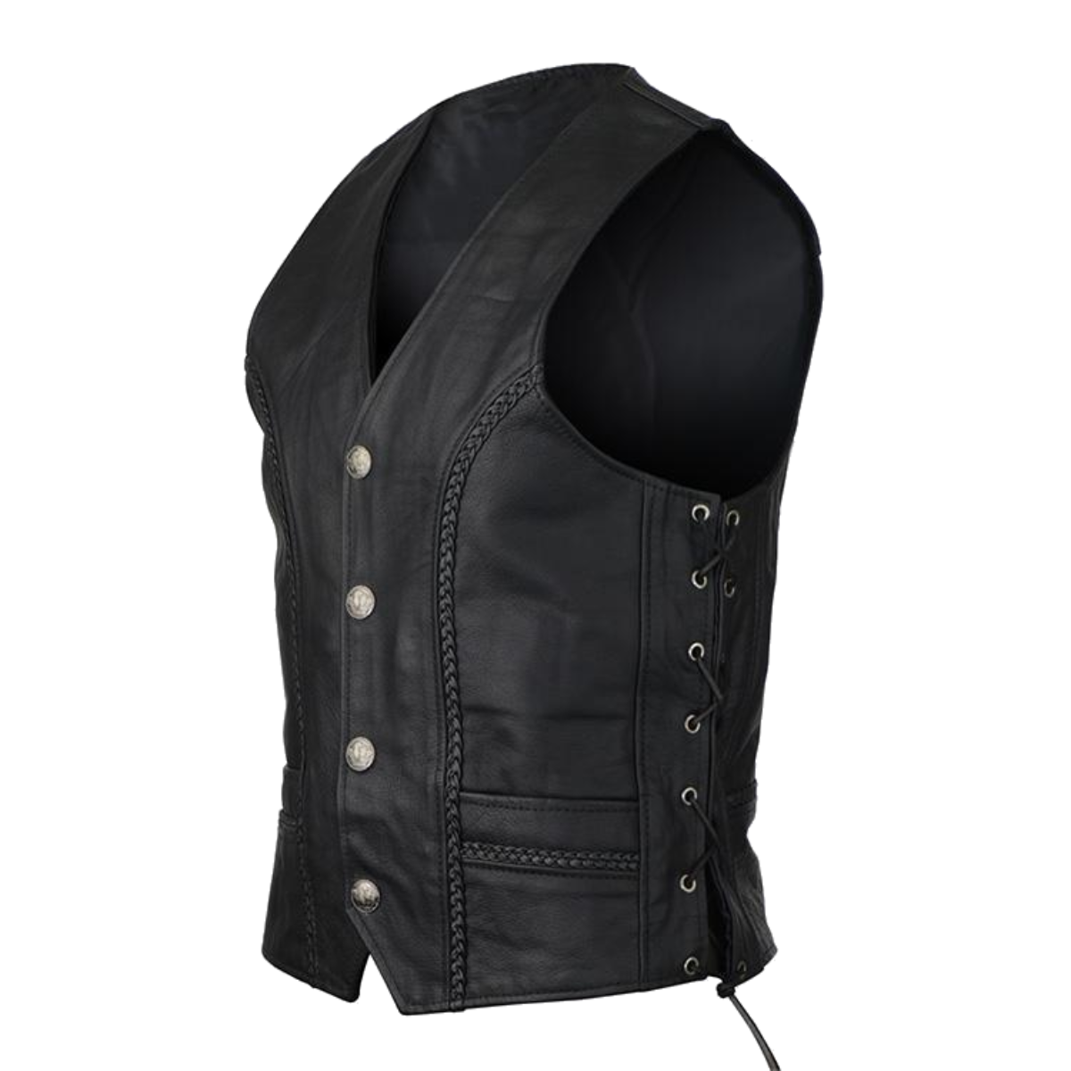 Vance Buffalo Nickel Leather Vest with Braid and Side Laces