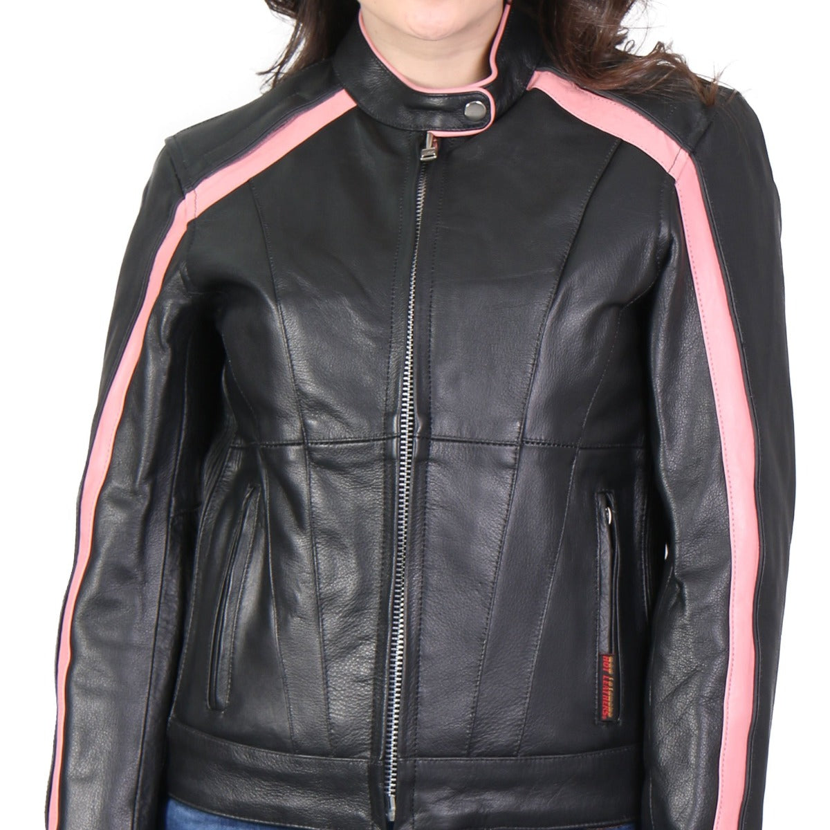 Hot Leathers Women's Pink Striped Leather Jacket With Reflective Piping