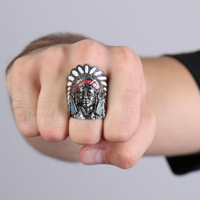 Hot Leathers Painted Indian Chief Ring - American Legend Rider