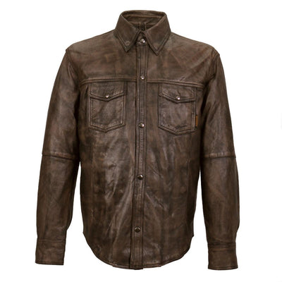 Hot Leathers Men’s Leather Snap Down Shirt, Brown - American Legend Rider