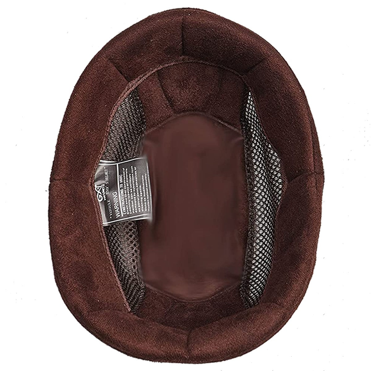 Top view of the interior of a brown, padded Starting Point Vintage German Motorcycle Helmet with visible black mesh lining and a label with care instructions.