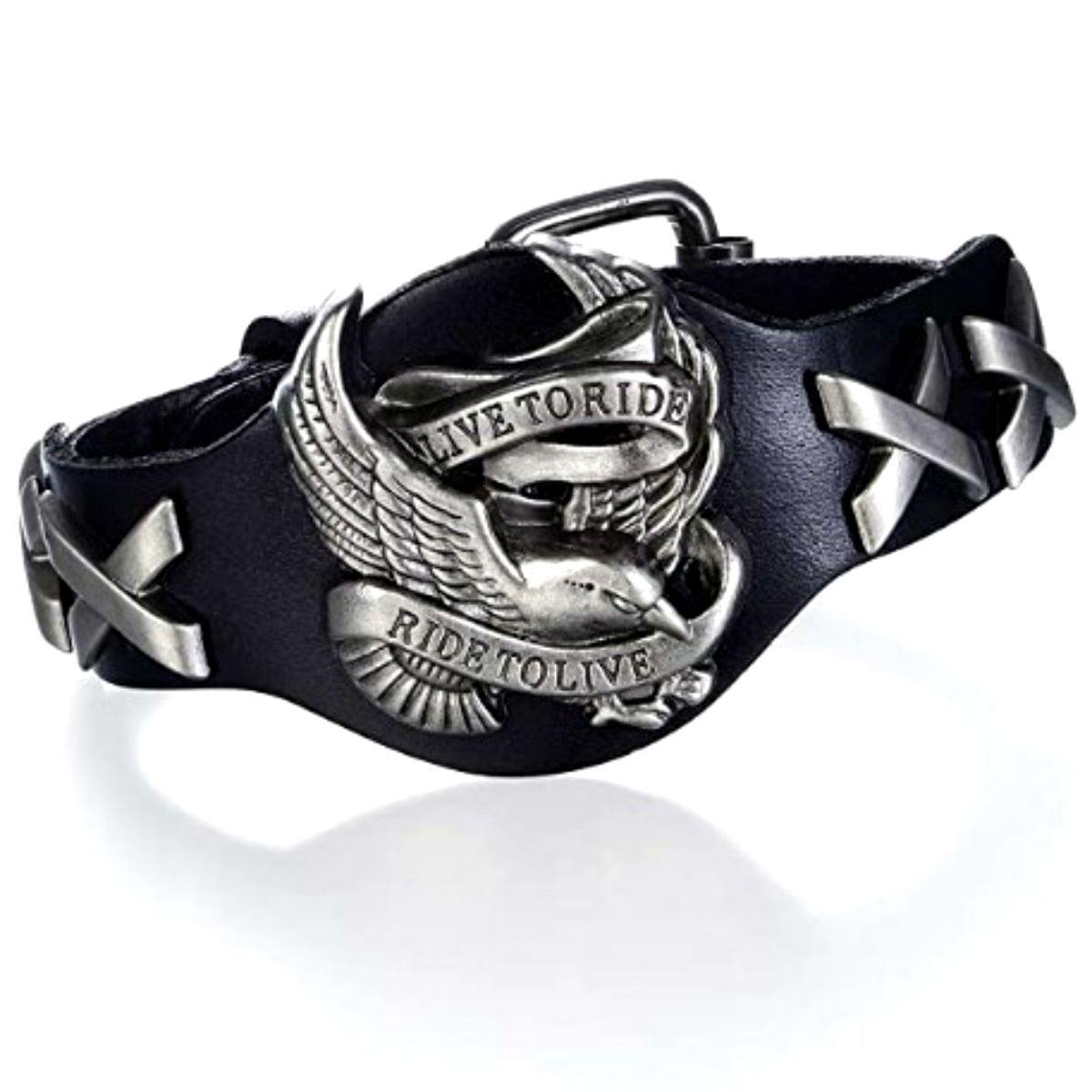 Badass Live To Ride Biker Leather Bracelet with FREE Skull Band Ring Bundle - American Legend Rider