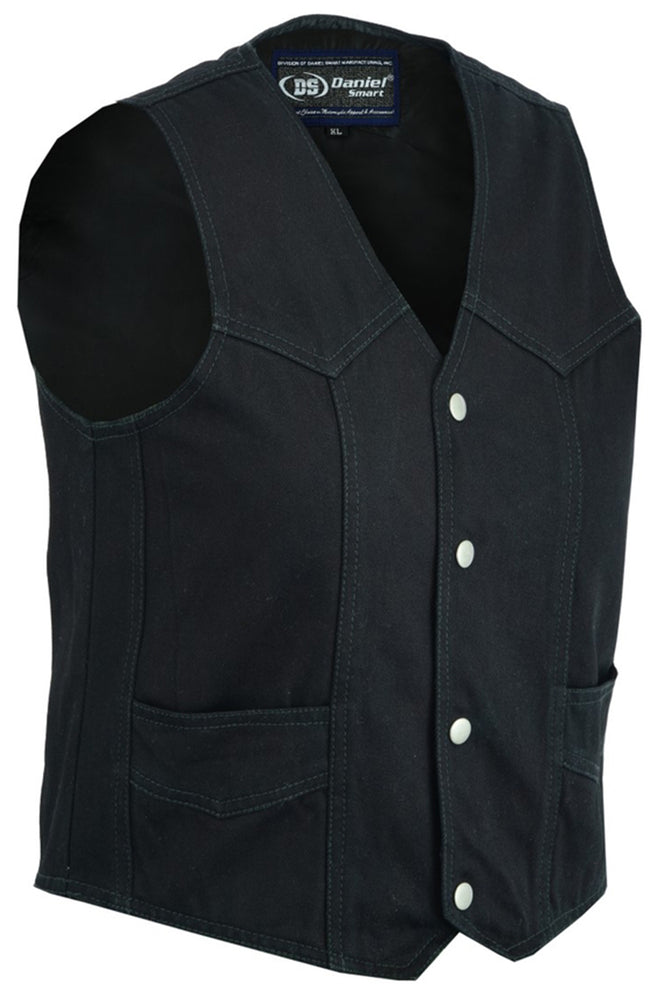 The Daniel Smart Kid's Denim Plain Side Vest is a black sleeveless denim vest with snap button closure, two front pockets, and a visible tag inside the collar. It features a smooth black satin liner that adds an extra touch of comfort and style.