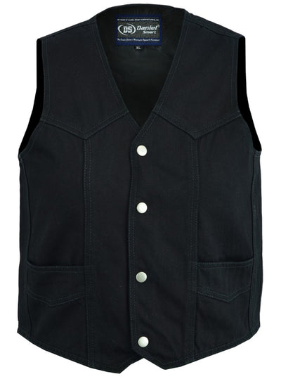 The Daniel Smart Kid's Denim Plain Side Vest features a black denim design with silver snap buttons, two front pockets, and intricate stitching details on the front. The neckline label reads "Daniel Smart," and the interior is lined with sleek black satin for an added touch of sophistication.