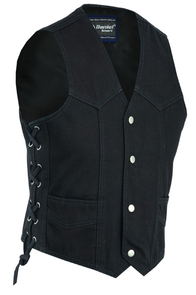 Introducing the Daniel Smart Kid's Denim Side Lace Vest: a stylish black denim vest featuring silver buttons, two front pockets, adjustable lace-up sides, and a sleek black satin liner.