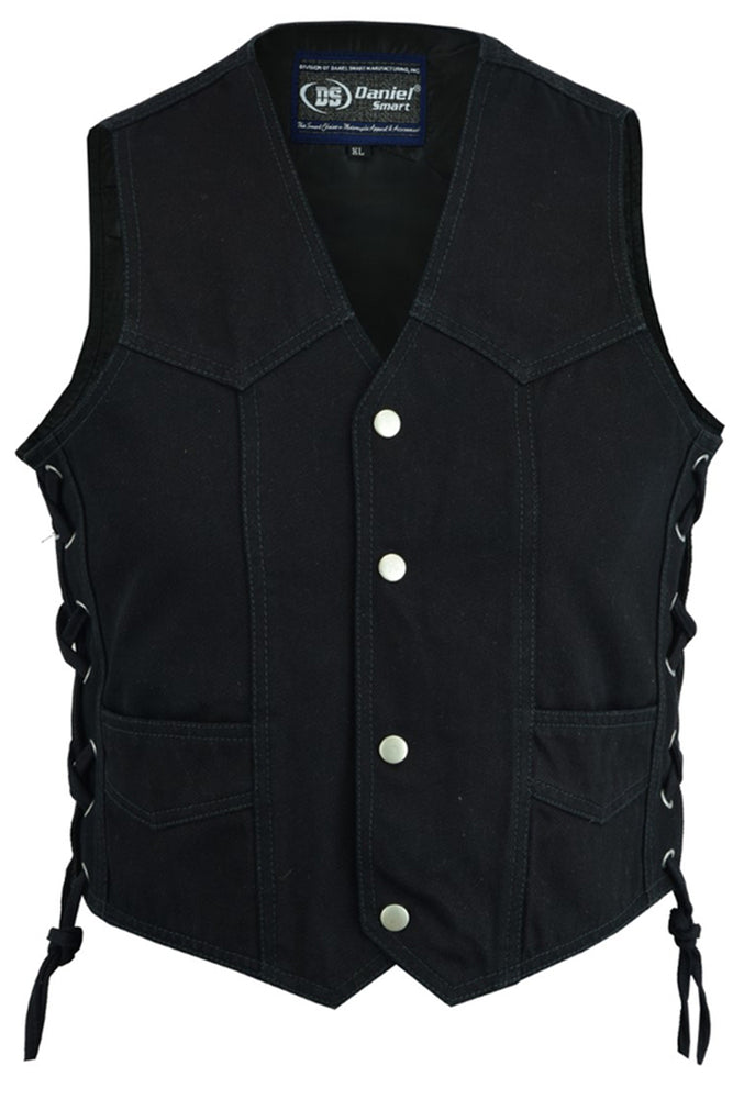 Daniel Smart Kid's Denim Side Lace Vest with silver snap buttons, two front pockets, and lace-up sides. Featuring a sleek black satin liner for added comfort and style.