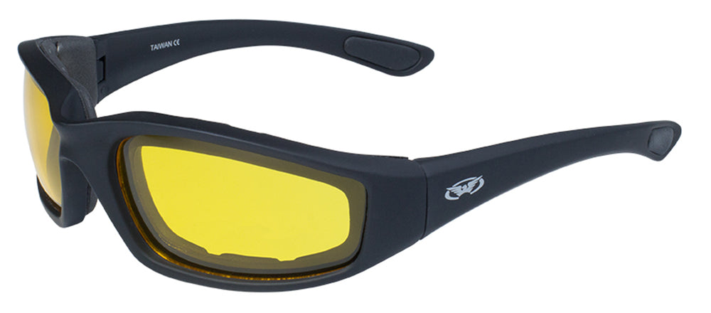 Daniel Smart Kickback Foam Padded Yellow Tint Lenses with black-frame, wraparound design, and a logo on the temples.