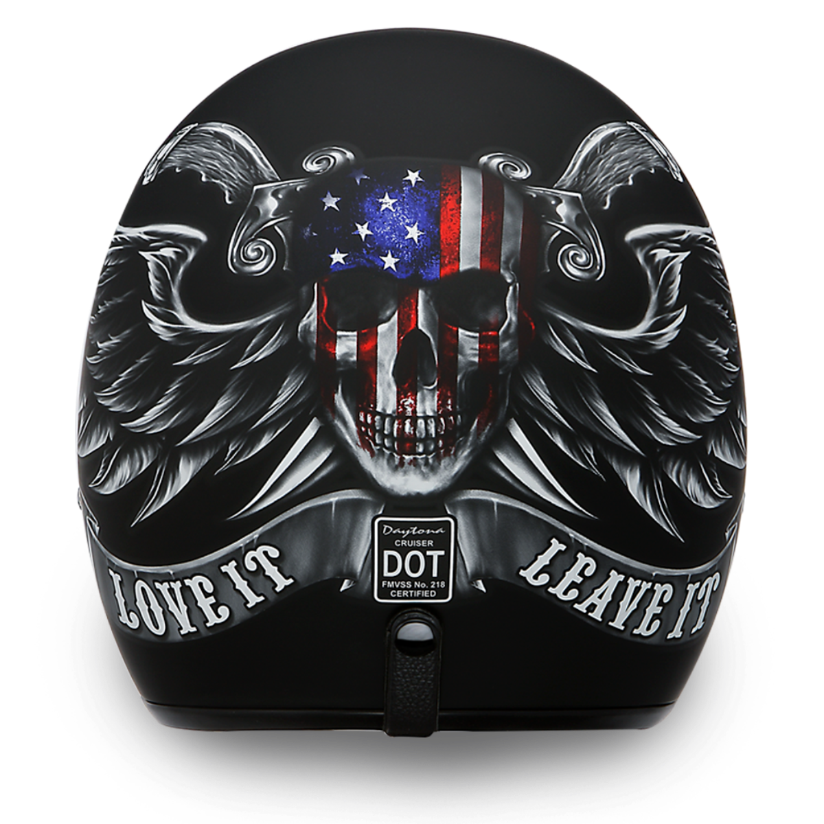 Daytona DOT Cruiser 3/4 open face motorcycle helmet in dull black with Love It Leave It American flag skull and silver wings graphic, rear view