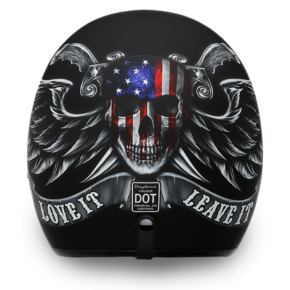 Daytona DOT Cruiser 3/4 open face motorcycle helmet in dull black with Love It Leave It American flag skull and silver wings graphic, rear view