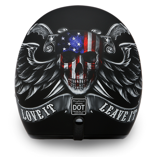 Daytona DOT Cruiser 3/4 open face motorcycle helmet in dull black with Love It Leave It American flag skull and silver wings graphic, rear view