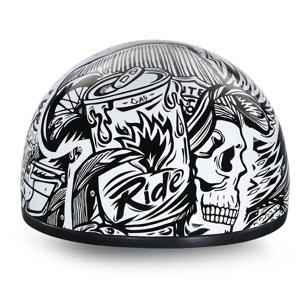 Daytona DOT skull cap half helmet with white shell and black Live Fast tattoo style graphic, front view