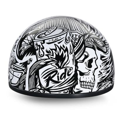 Daytona DOT skull cap half helmet with white shell and black Live Fast tattoo style graphic, front view