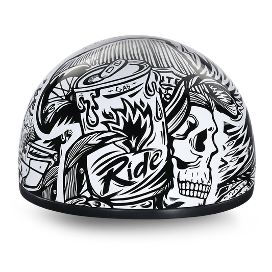 Daytona DOT skull cap half helmet with white shell and black Live Fast tattoo style graphic, front view