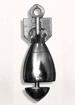 A Daniel Smart Pewter Bomb Guardian Bell® GB Pewter Bomb, designed for vertical alignment in construction and surveying, featuring a conical pewter weight and a loop at the top.