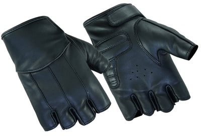 A pair of black Daniel Smart Women's Tough Deer Skin fingerless gloves, designed with perforations on the knuckles and reinforced stitching, isolated on a white background.