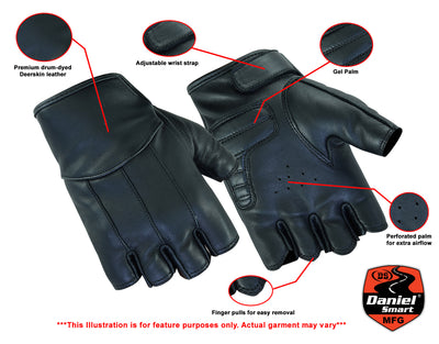 Image of Daniel Smart Women's Tough Deer Skin Fingerless Glove highlighting features: premium Deerskin leather, adjustable wrist strap, gel palm, perforated palm for airflow, and finger pulls for removal.