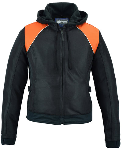 Daniel Smart Women's Mesh 3-in-1 Riding Jacket (Black/Orange) with a hood and zipper closure.