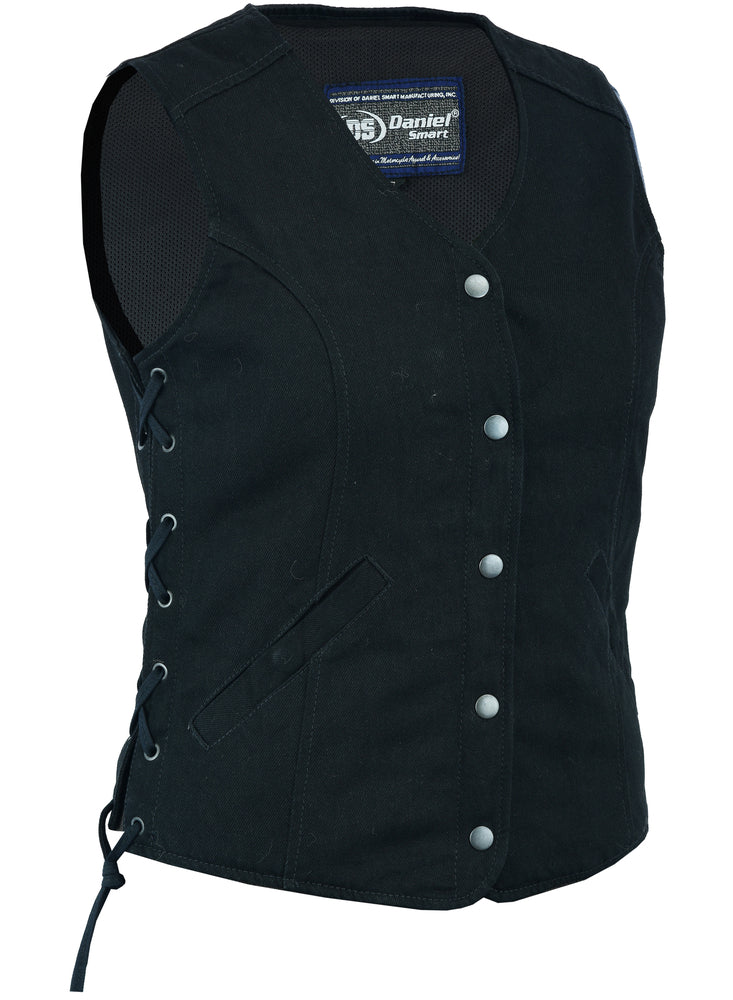 Daniel Smart Women's Denim Longer Body &frac34; Vest - Side Laces with button-up front and mesh panels, displayed on a mannequin against a white background.