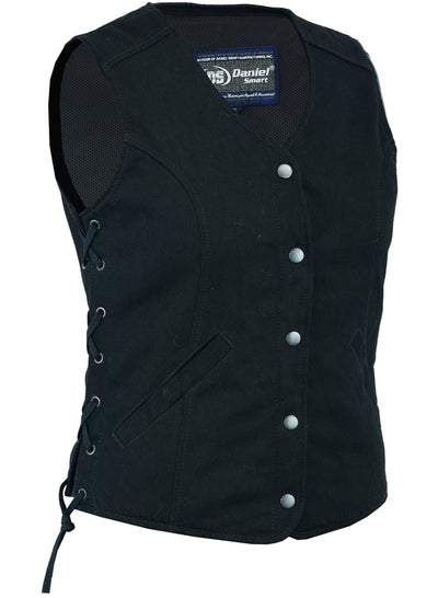 Daniel Smart Women's Denim Longer Body &frac34; Vest - Side Laces with button-up front and mesh panels, displayed on a mannequin against a white background.