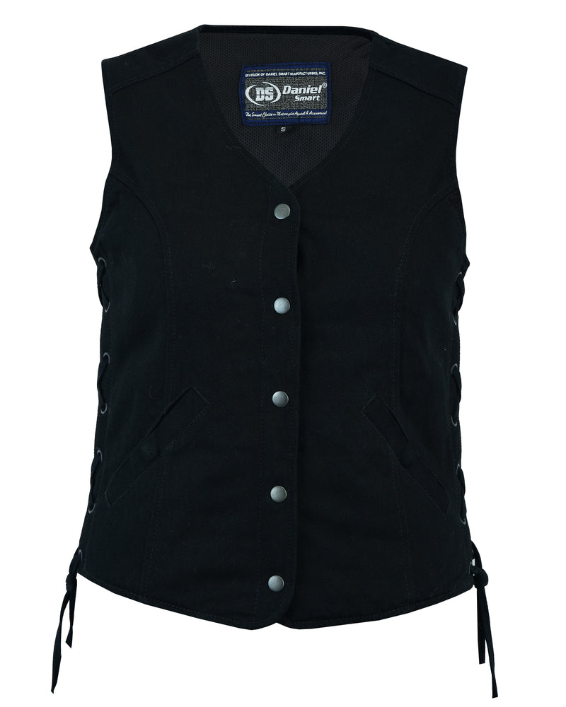 Daniel Smart Women's Denim Longer Body &frac34; Vest - Side Laces with button closure and side laces, featuring a logo patch on the chest.