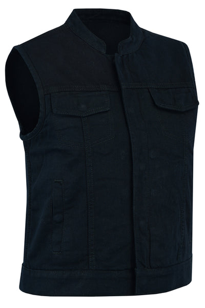 A Daniel Smart Women's Advance Black Construction Denim Vest with a sleeveless design, featuring two chest pockets, two side pockets, and a convenient cellphone pocket. Shown against a white background, the vest has a high collar and a front zip closure.