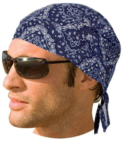 Man wearing a Daniel Smart Headwrap Paisley Navy and sunglasses. The headwrap, made from 100% cotton, boasts a custom fit for comfort and style.