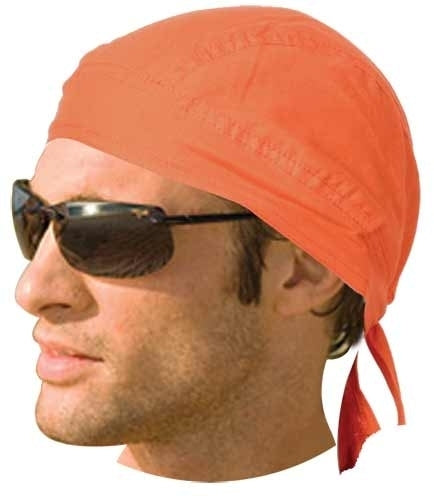 A person wearing a Daniel Smart Headwrap Solid Orange and sunglasses, looking to the side, is pictured against a plain background.