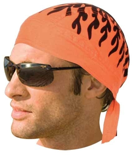 A man with sunglasses sporting the Daniel Smart Headwrap Orange Flames, made from 100% cotton for a custom fit.