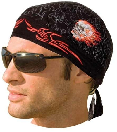 A person wearing the Daniel Smart Headwrap Skull Duggery, sunglasses, and a comfortable cotton sweatband.