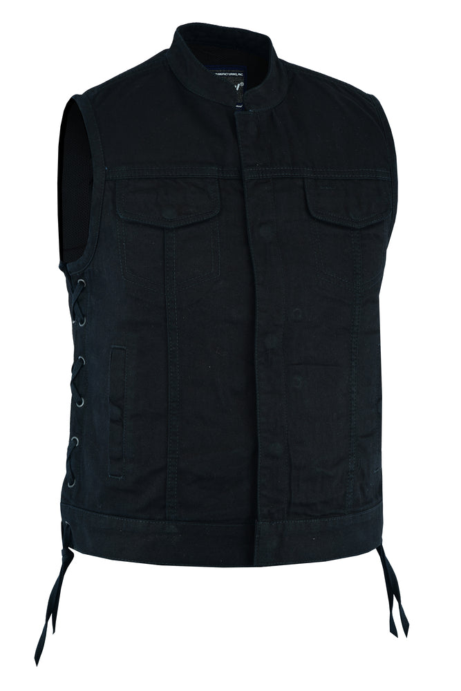 The Daniel Smart Women's Advance Side Laces Black Construction Denim Vest, a black, sleeveless women's denim biker vest with front pockets and side laces, is showcased against a white background.