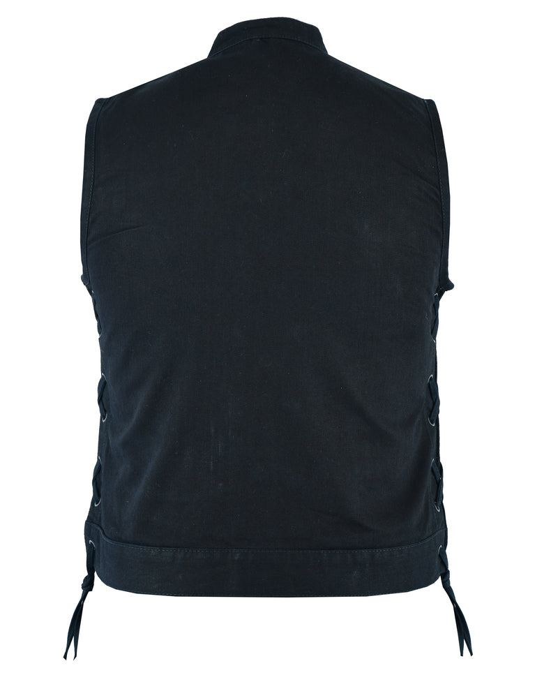 The image showcases the back view of the Daniel Smart Women's Advance Side Laces Black Construction Denim Vest, highlighting its side lace-up details.