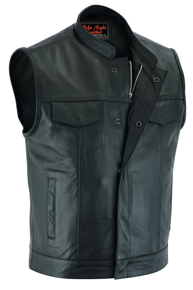 Men's leather biker vest with multiple pockets and a front zipper, displayed against a white background.(Product Name: Daniel Smart Concealed Snap Closure, Scoop Collar & Hidden Zipper)