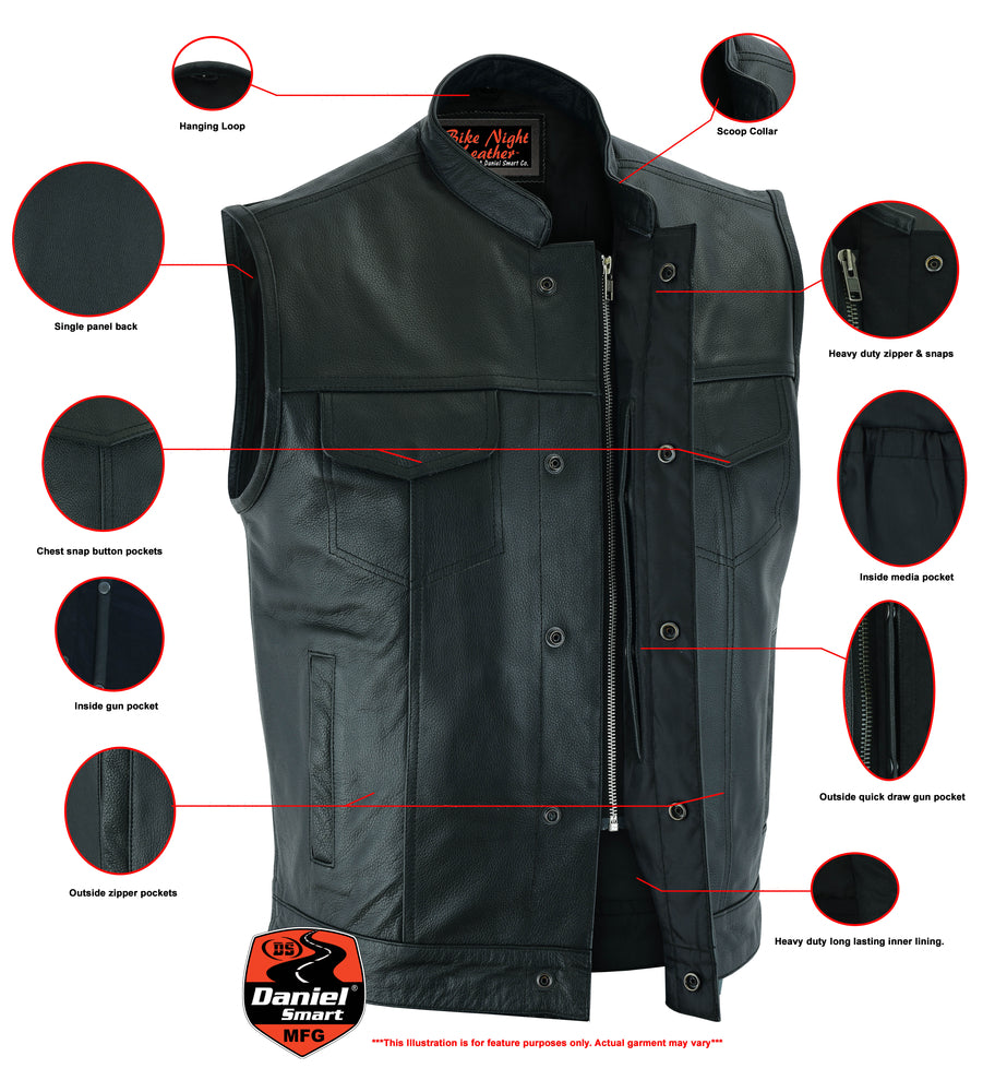 Detailed diagram of a Daniel Smart concealed snap closure, scoop collar & hidden zipper men's motorcycle vest highlighting various features including pockets, zippers, and lining, with annotations and close-up insets.