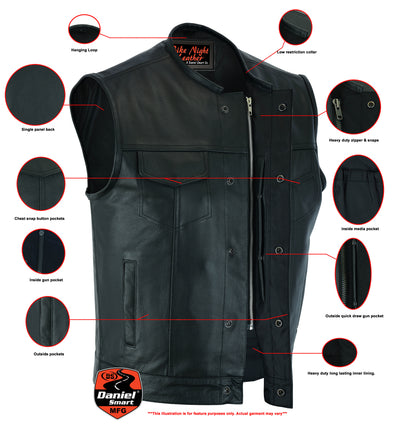 A Daniel Smart Concealed Snap Closure, Without Collar & Hidden Zipper with multiple pockets and storage features, including inside and outside pockets, concealed carry pockets, and a heavy-duty zipper. This essential biker gear has a low-restriction collar and hanging loop for convenience.