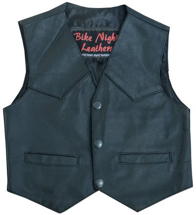 The Daniel Smart Toddler Traditional Style Plain Side Vest is a black leather vest crafted from milled promo cowhide, featuring two front pockets and heavy-duty snap button closure. Inside, the "Bike Night Leathers" text is visible on the sleek black satin liner.