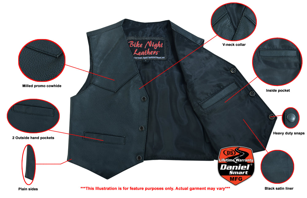 The Daniel Smart Toddler Traditional Style Plain Side Vest features a black leather exterior with a V-neck collar, inside and outside pockets, heavy-duty snaps, crafted from milled promo cowhide material, plain sides, and a sleek black satin liner. It proudly showcases the "Bike Night Leathers" branding inside.